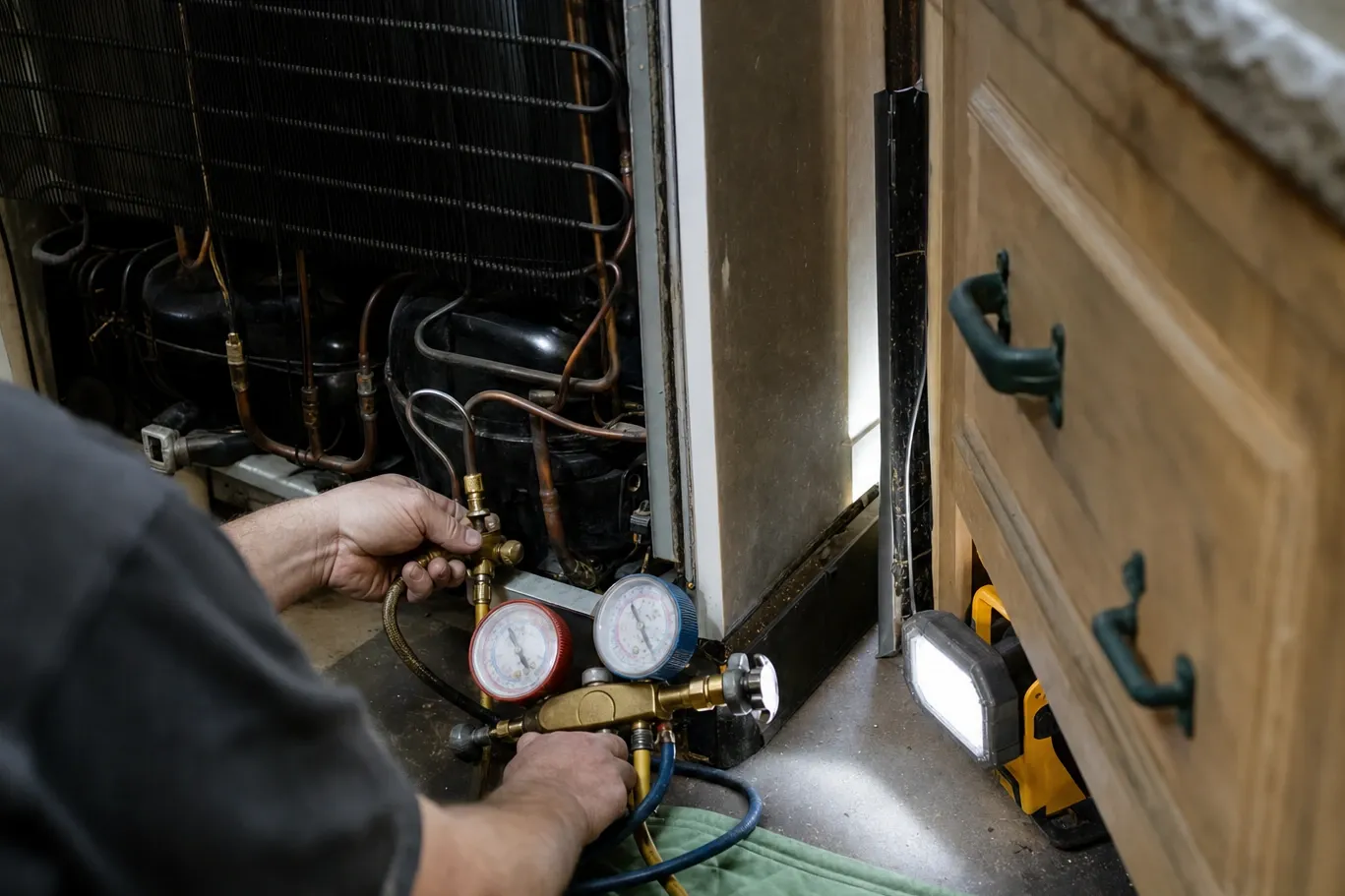 Manifold gauges connected at the compressor of a built-in unit, copper lines and condenser coil behind, work light on the floor